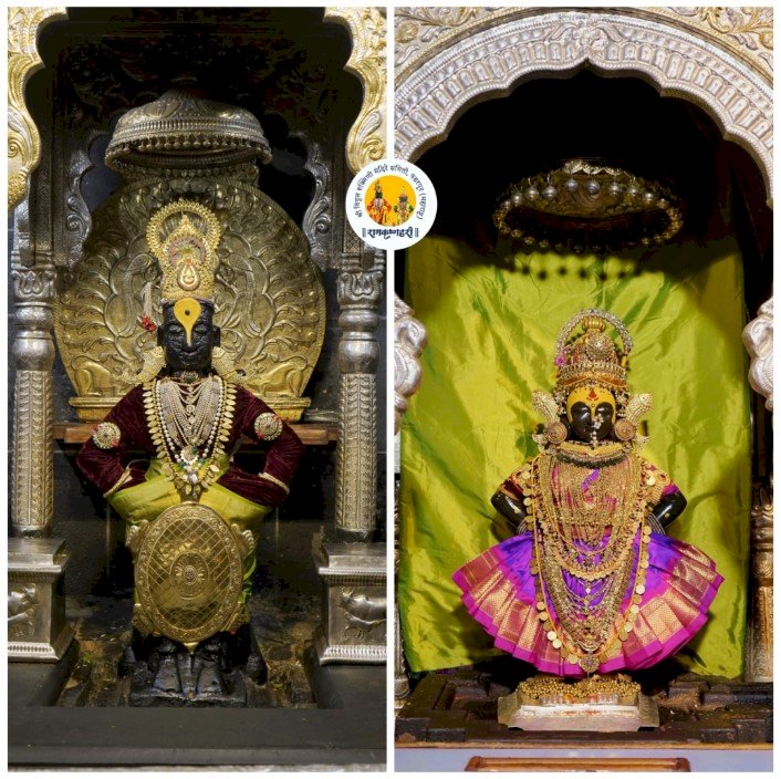 श्री विठ्ठल मंदिरातील नवरात्र महोत्सव: आठवी  माळ.  श्री विठ्ठलास अलंकार, रूक्मिणी मातेस पारंपारिक श्री. महालक्ष्मी माता पोशाख (कोल्हापूर) सह अलंकार परिधान,